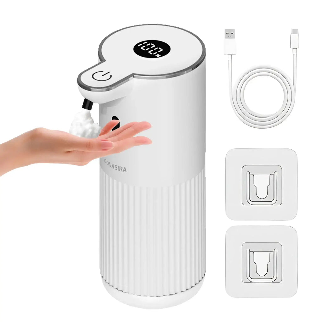 White touchless automatic soap sanitizer dispenser with LED top and hand sensor
