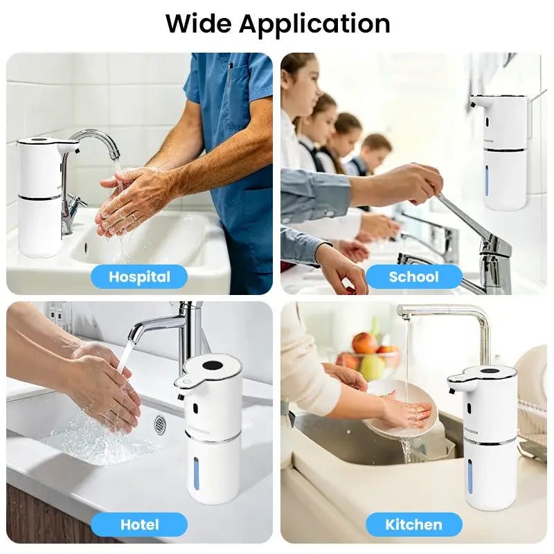 White touchless soap dispenser in bathroom sink setup for handwashing
