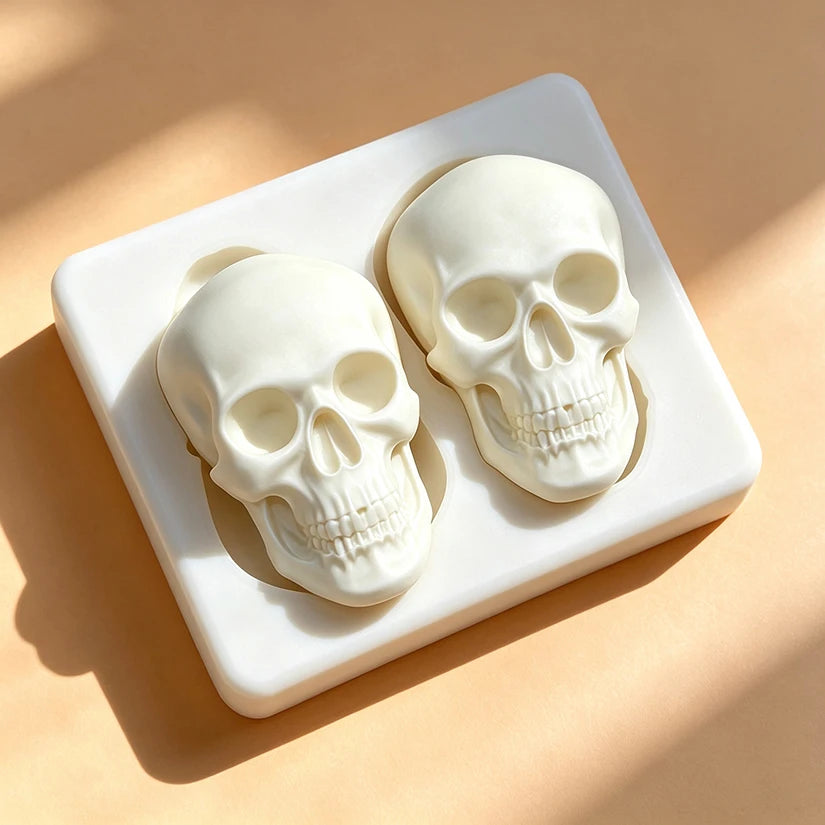 Skull silicone cake mold with two skull cavities, filled with white skull molds