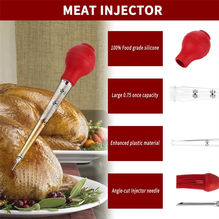 Red meat injector set with silicone brush and needles, plus spare clear cap