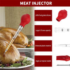 Red meat injector set with silicone brush and needles, plus spare clear cap