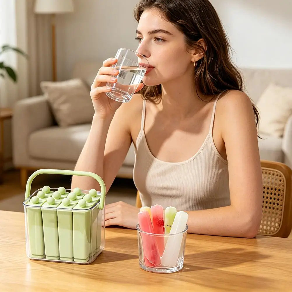 Sage green and pink popsicle ice stick tray set on the table