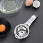 Stainless steel egg separator with round yolk cup and bowl rest hook