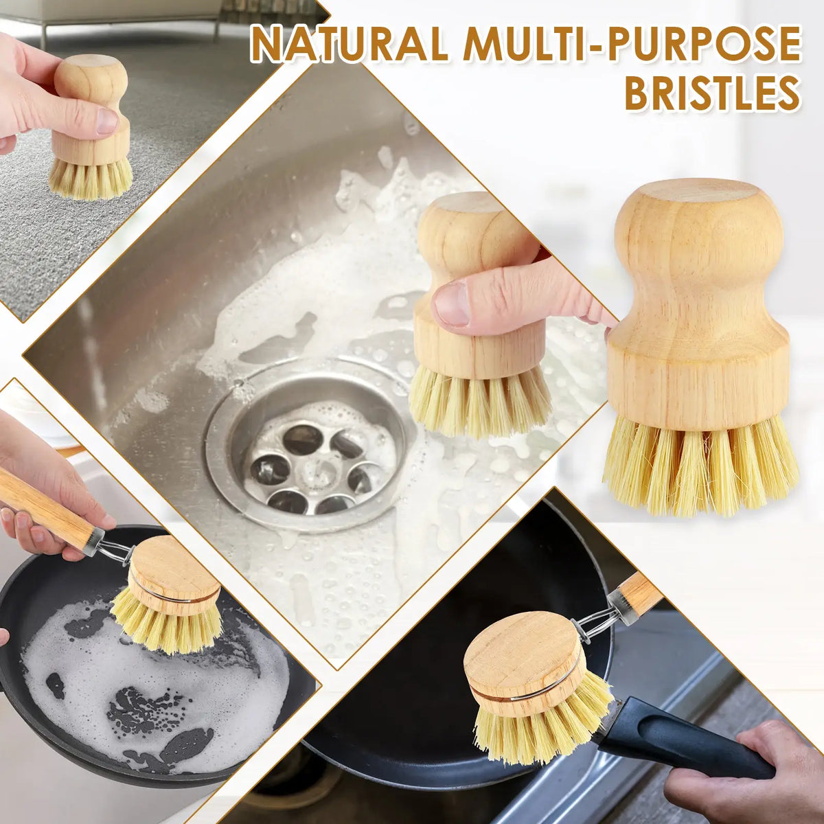 Bamboo-handled dish scrub brush set with round wooden heads and natural yellow bristles