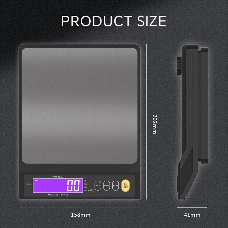 Digital kitchen scale with stainless platform and dark base shown with dimensions