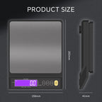 Digital kitchen scale with stainless platform and dark base shown with dimensions
