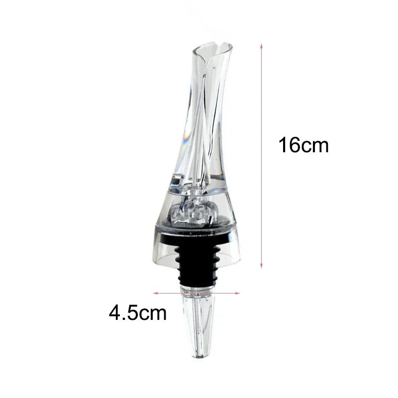 Wine aerator pourer spout, clear plastic with black ring and narrow outlet tip