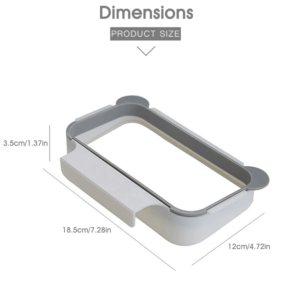 Grey over-cabinet trash bag holder with U-shaped ring and side tabs