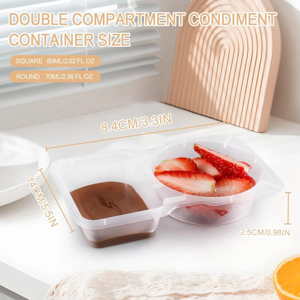 Double-compartment condiment container with two sections and clear lid, portioned fillings
