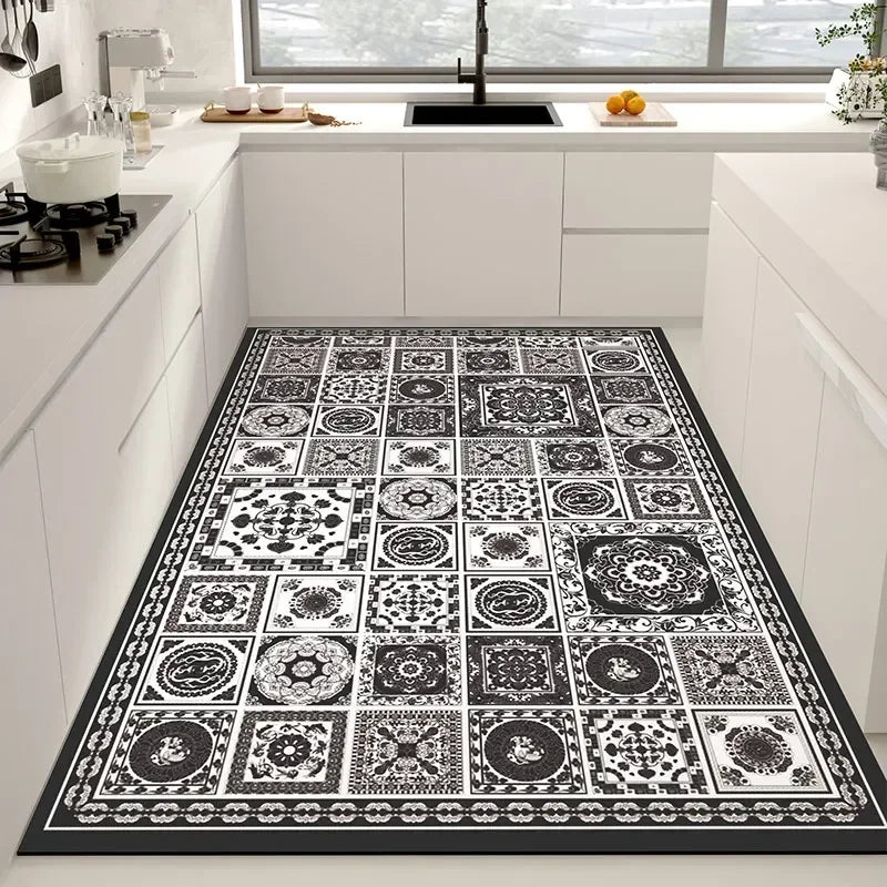PVC kitchen floor mat with black-and-white mosaic medallion pattern, long rectangular runner.