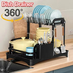 360° Rotating Dish Drying Rack - 2-Tier with Drain Tray