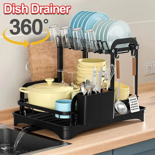 360° Rotating Dish Drying Rack - 2-Tier with Drain Tray