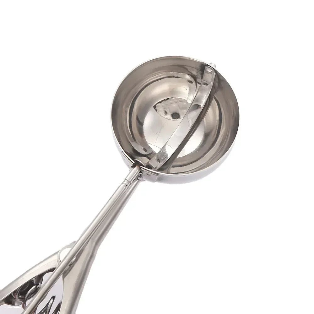 Stainless steel scoop head with round bowl and spring lever mechanism