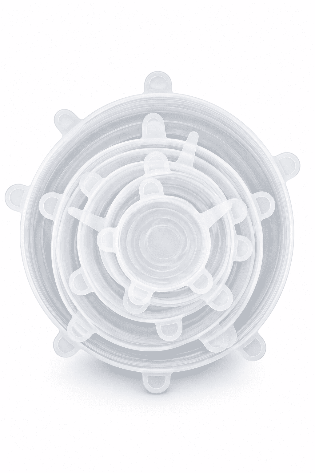 Clear silicone stretch lid set stacked with locking tabs