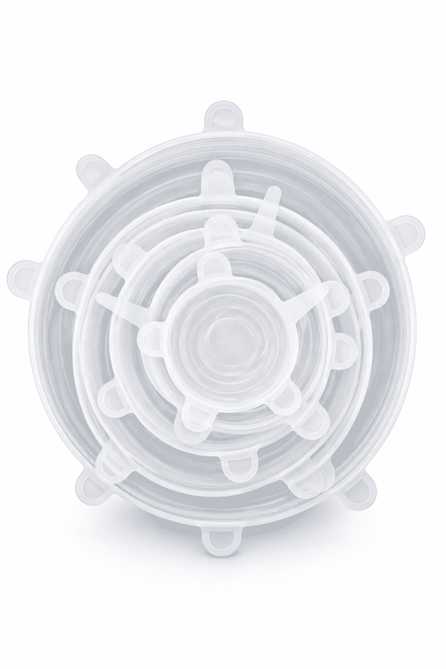 Clear silicone stretch lid set stacked with locking tabs