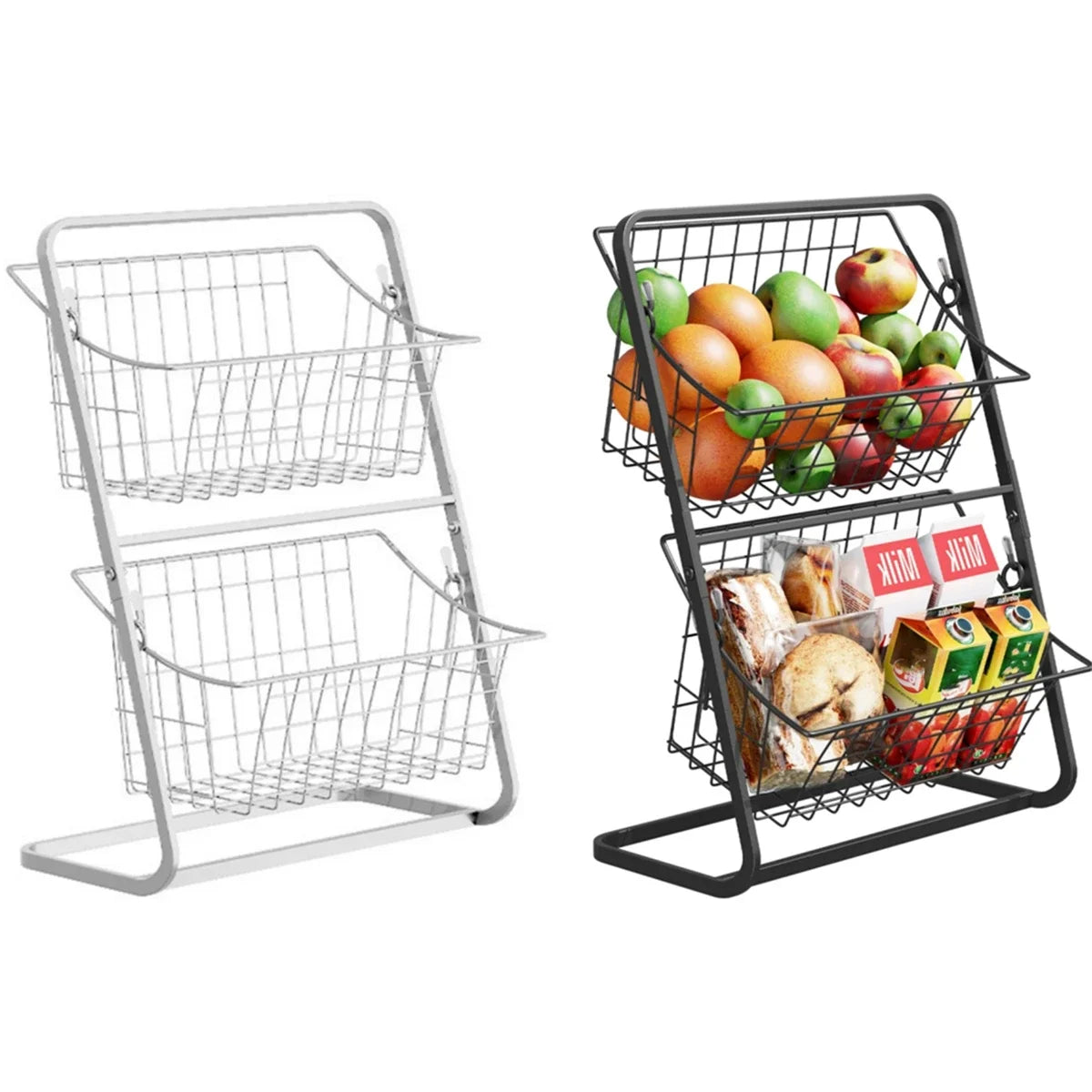 2-tier wire countertop fruit basket organizer, one white and one black side by side