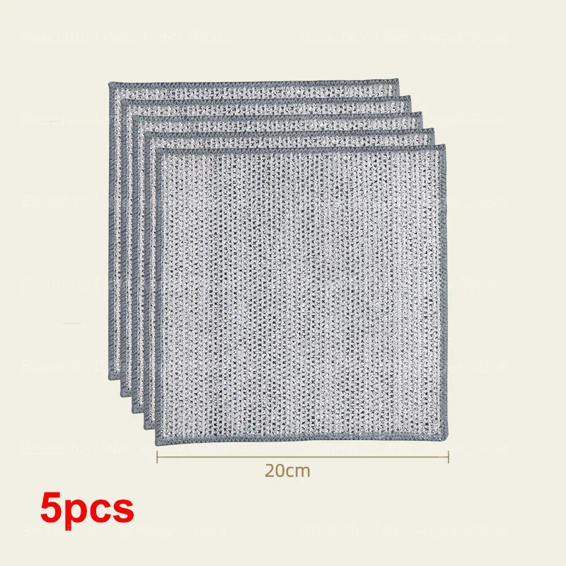 Non-scratch steel wire cleaning cloth set, 5 pcs, gray-silver 20x20cm squares