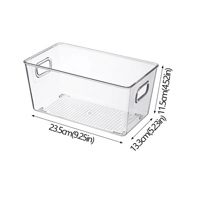 Clear plastic stackable organizer bin with built-in carry handles, compact size.