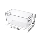 Clear plastic stackable organizer bin with built-in carry handles, compact size.