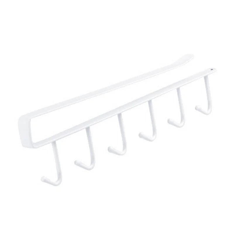 Crisp white under-cabinet storage rack with six curved hooks