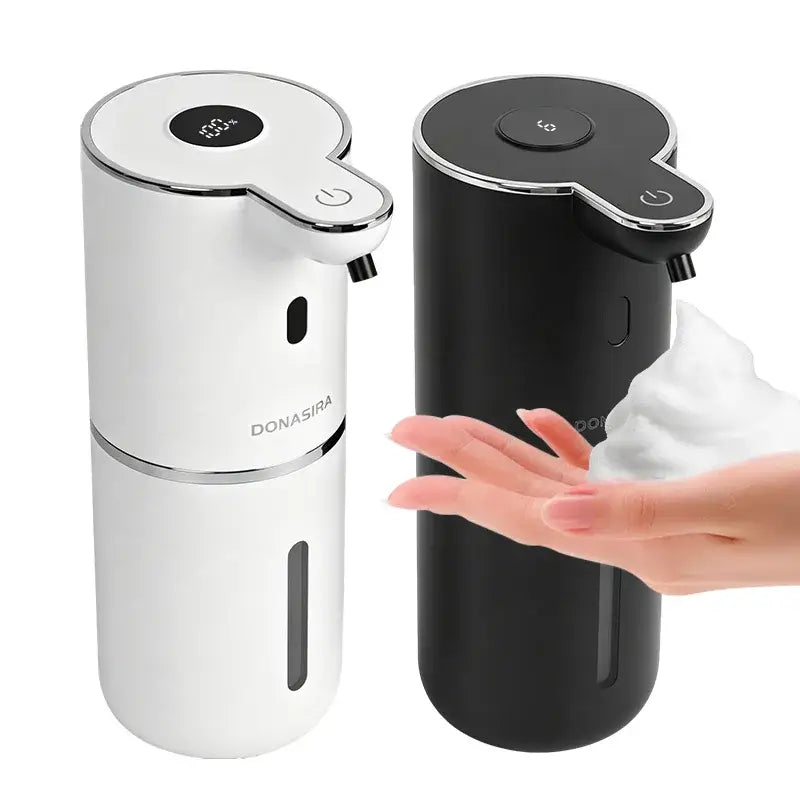 Touchless soap dispenser in white and black with touch control panel on top