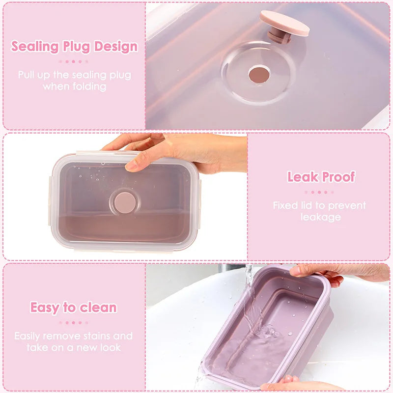 Blush pink collapsible silicone food container with clear lid and sealing plug style cap