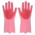 Pink silicone dishwashing scrubber gloves with dotted scrubbing pads, pair