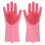 Pink silicone dishwashing scrubber gloves with dotted scrubbing pads, pair