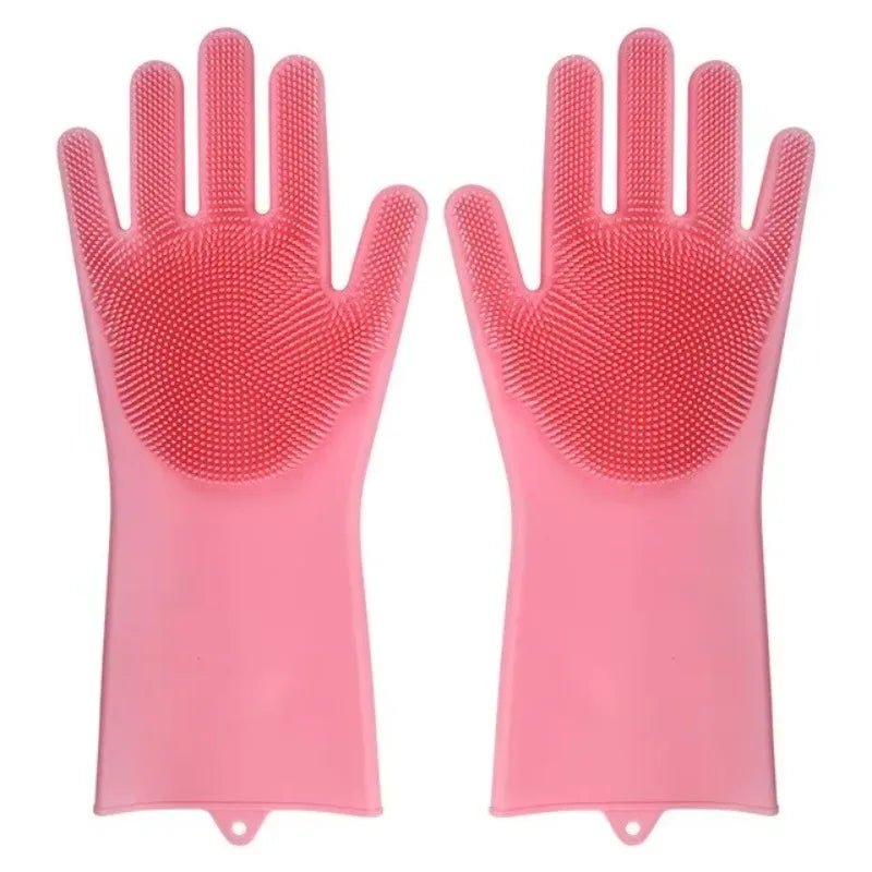Pink silicone dishwashing scrubber gloves with dotted scrubbing pads, pair