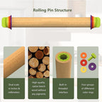 Beech wood adjustable rolling pin with embedded thickness ring slots and measurement scale