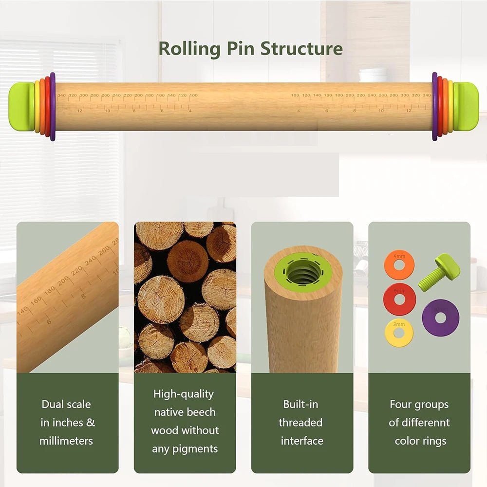 Beech wood adjustable rolling pin with embedded thickness ring slots and measurement scale