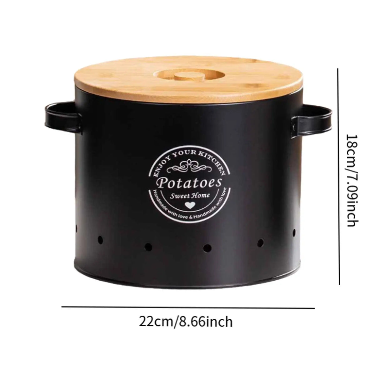 Front view black vented potato storage canister with bamboo lid and handles
