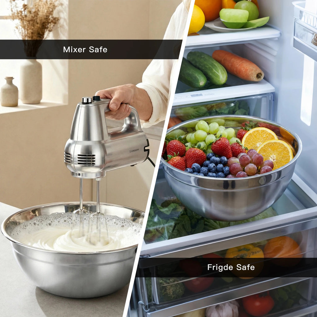 Stainless steel mixing bowl used for whipping and storing fruit in fridge
