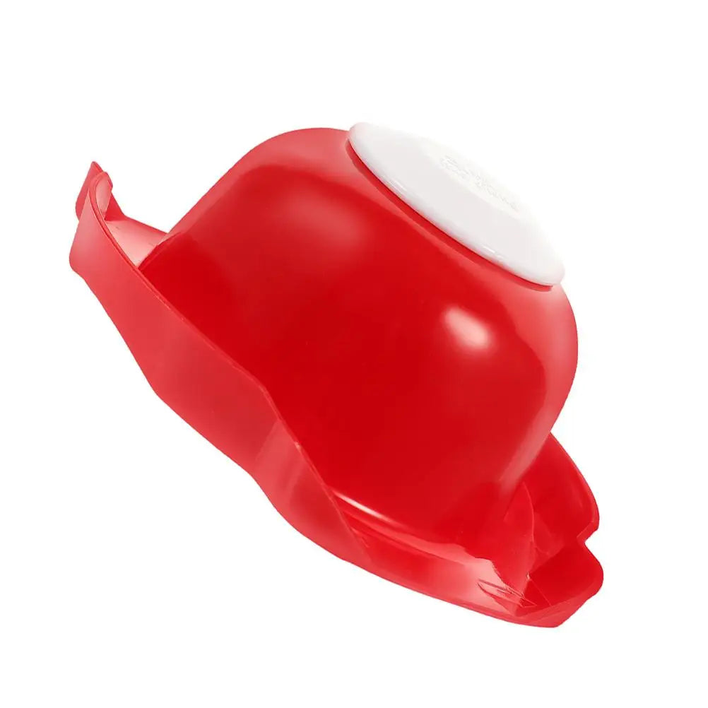 Red food safety slicer holder with finger guard shield, side view