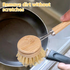 Wood-handled sisal dish scrub brush for cleaning nonstick pans