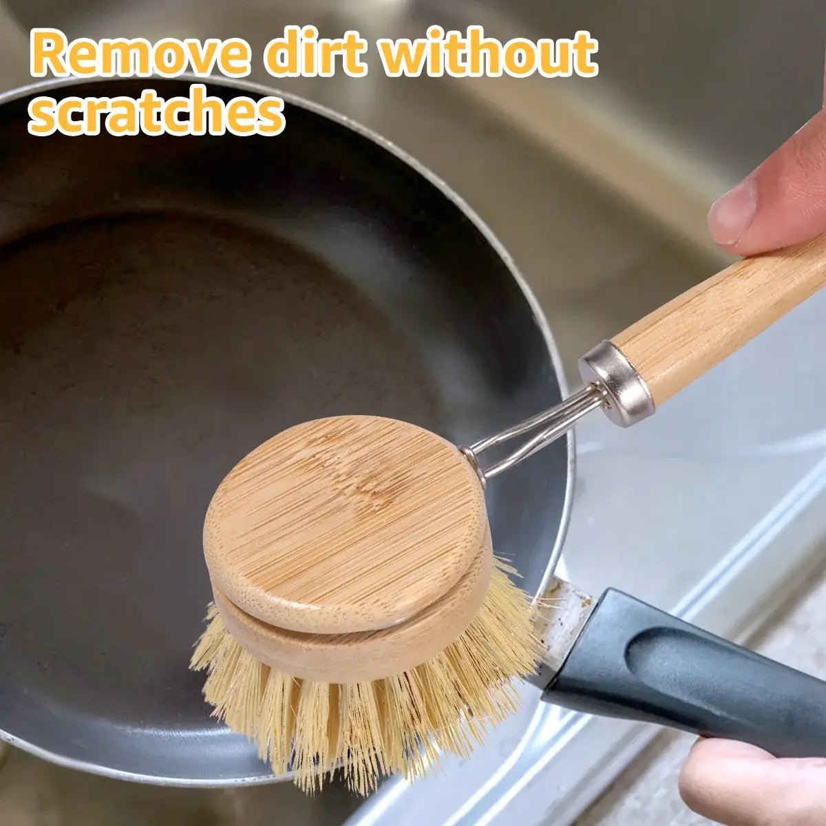Wood-handled sisal dish scrub brush for cleaning nonstick pans