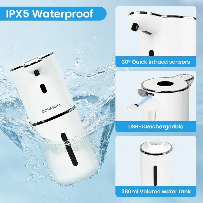 Waterproof automatic soap & sanitizer dispenser, white unit with water splash