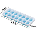 Rectangular ice cube tray with blue cavities and clear lid; 22 x 9 cm