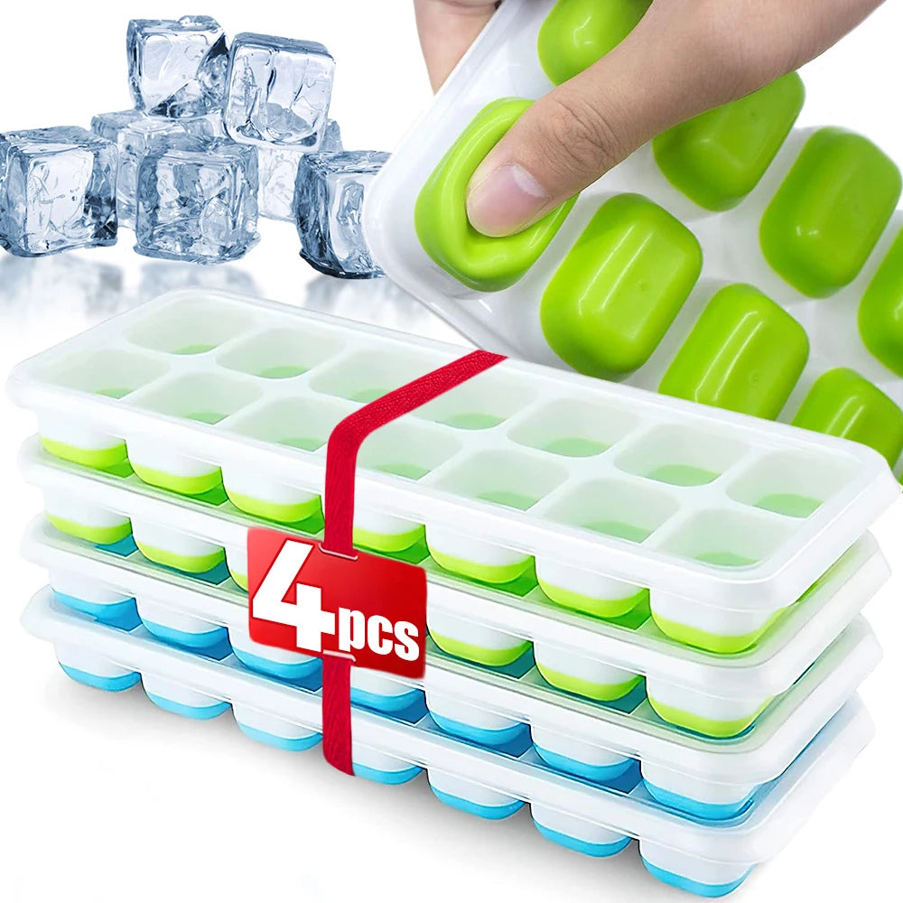Ice cube tray set with silicone bottoms; mint and sky blue; spill-resistant lids