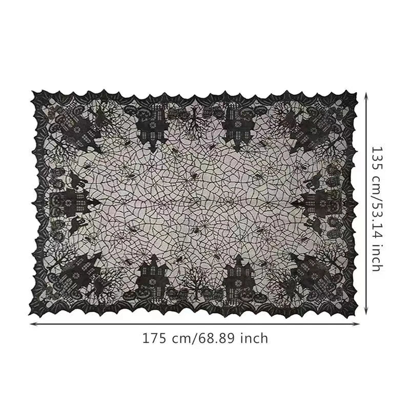 Black lace table runner with spider-web pattern; 175 x 135 cm shown