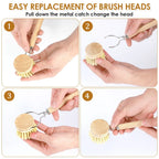 Replaceable dish brush heads with metal clip and wooden handles