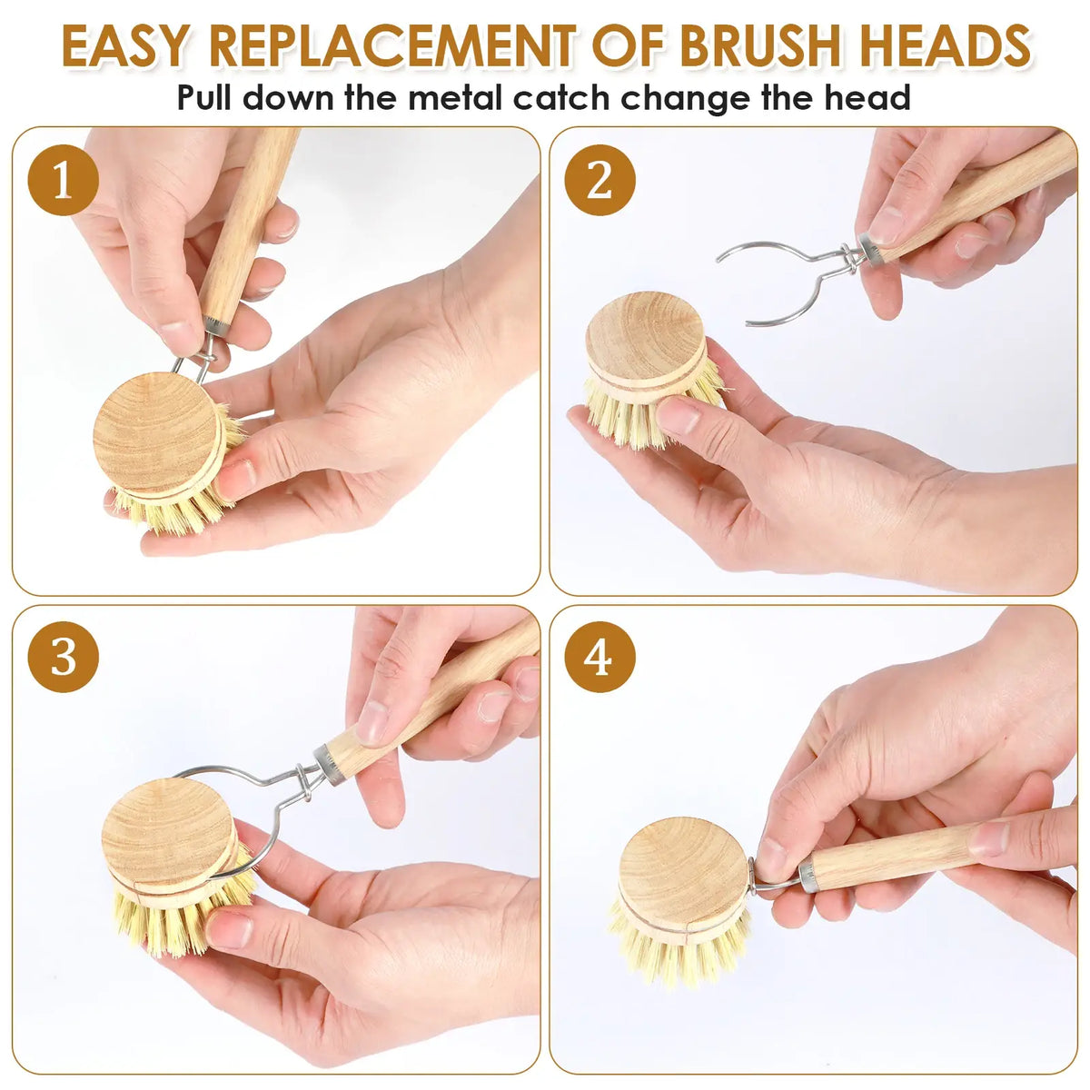 Replaceable dish brush heads with metal clip and wooden handles
