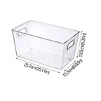 Clear stackable organizer bin with built-in handles; size diagram (25.7 x 15.3 x 13.5 cm)