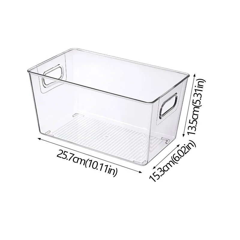 Clear stackable organizer bin with built-in handles; size diagram (25.7 x 15.3 x 13.5 cm)