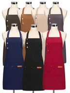 Assorted chef aprons on mannequins in red, navy, black, brown, and tan