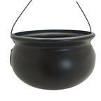 Black cauldron candy bucket with hanging loop handles, smooth rounded body