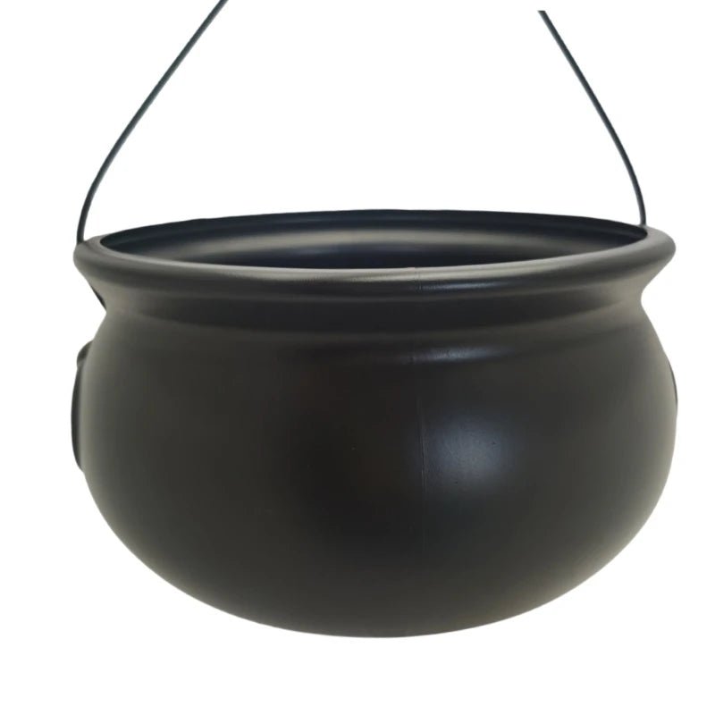 Black cauldron candy bucket with arched hanging handles, open top