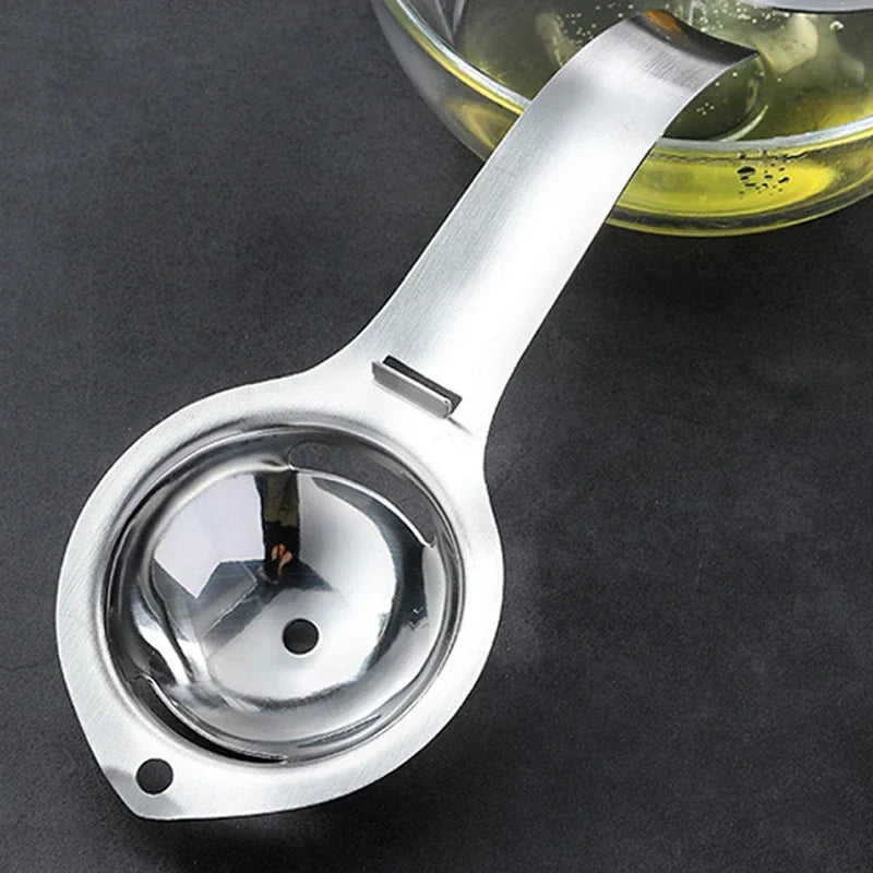 Stainless steel egg separator handle with round yolk cup and bowl rest hook