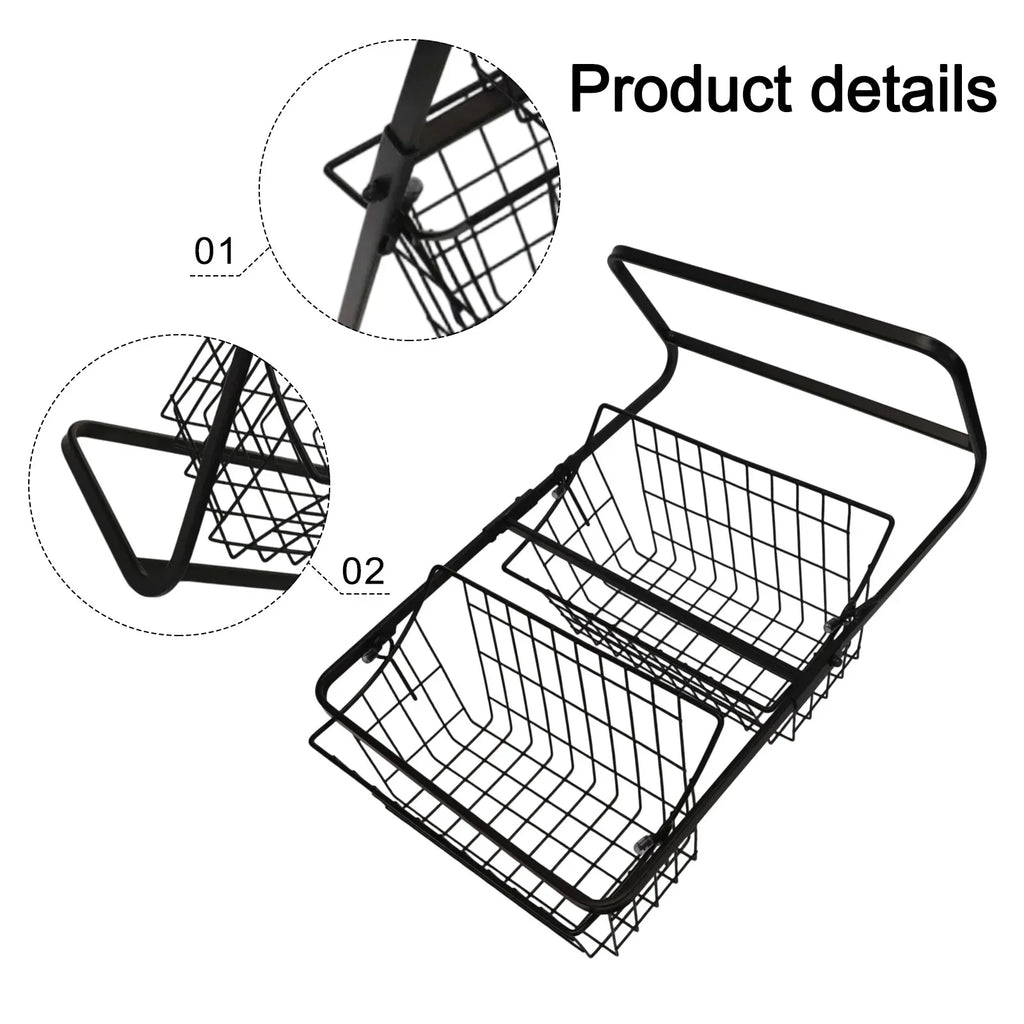Black 2-tier wire countertop fruit basket organizer, side handle and grid basket detail