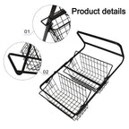 Black 2-tier wire countertop fruit basket organizer, side handle and grid basket detail
